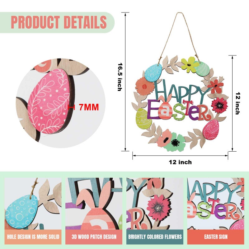 Wellsign Easter Wreath Decorations for Front Door Outdoor, 12 Inch 3D Wooden Easter Door Hanging Decor Flowers Egg Spring Wreaths with Happy Bunny Welcome Sign for Porch Wall Room Farmhouse - Image 2