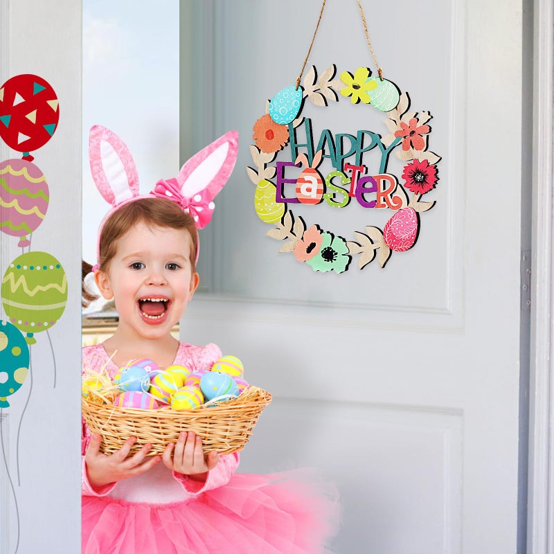Wellsign Easter Wreath Decorations for Front Door Outdoor, 12 Inch 3D Wooden Easter Door Hanging Decor Flowers Egg Spring Wreaths with Happy Bunny Welcome Sign for Porch Wall Room Farmhouse - Image 3
