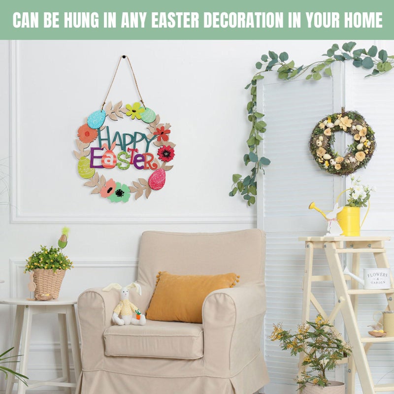 Wellsign Easter Wreath Decorations for Front Door Outdoor, 12 Inch 3D Wooden Easter Door Hanging Decor Flowers Egg Spring Wreaths with Happy Bunny Welcome Sign for Porch Wall Room Farmhouse - Image 5