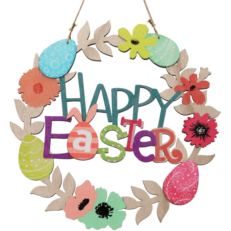 Wellsign Easter Wreath Decorations for Front Door Outdoor, 12 Inch 3D Wooden Easter Door Hanging Decor Flowers Egg Spring Wreaths with Happy Bunny Welcome Sign for Porch Wall Room Farmhouse - Image 1