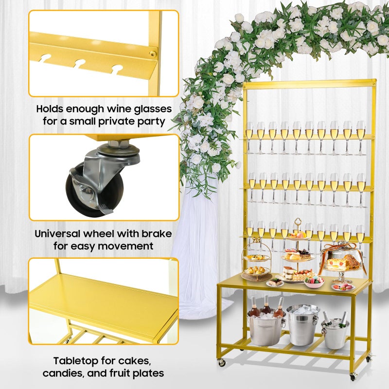 Julymoda Champagne Wall Holder for Party, Champagne Tower Stand with Storage Shelf and Swivel Casters, 4-Tier Metal Champagne Flutes Display Stand Hold 40 Glasses, Suitable for Wedding, Christmas - Image 3