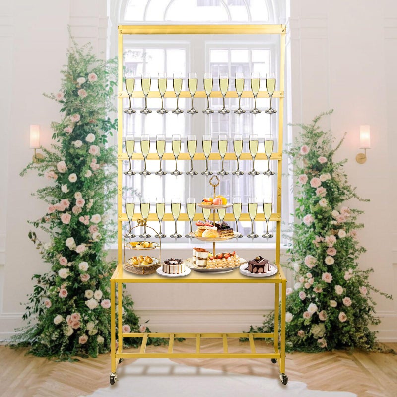 Julymoda Champagne Wall Holder for Party, Champagne Tower Stand with Storage Shelf and Swivel Casters, 4-Tier Metal Champagne Flutes Display Stand Hold 40 Glasses, Suitable for Wedding, Christmas - Image 4