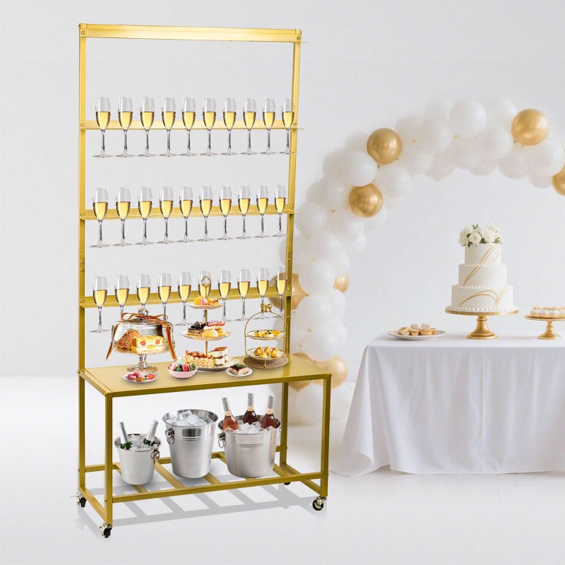 Julymoda Champagne Wall Holder for Party, Champagne Tower Stand with Storage Shelf and Swivel Casters, 4-Tier Metal Champagne Flutes Display Stand Hold 40 Glasses, Suitable for Wedding, Christmas - Image 1