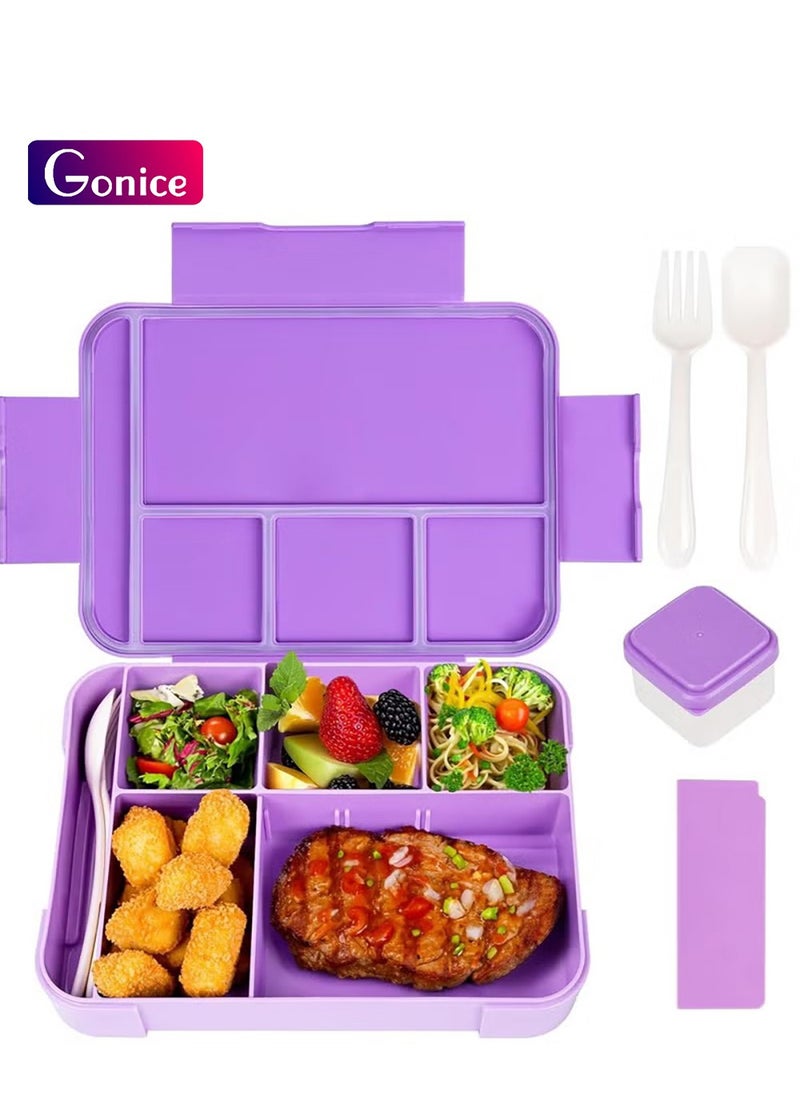 Gonice Lunch Box for Kids, 1330ML Bento Box Adult Lunch Box with 6 Compartment, Leakproof Snack Boxes with Utensil Sauce Dressing Containers, Reusable On-the-Go Meal and Snack Packing(Purple)  - Image 1