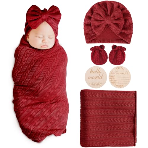 AQOKKA Newborn Receiving Blanket with Bow Hat Mittens Wooden Card Set WheatPattern Newborns Toddler Baby Boy Girl Nursery Swaddle Wrap - Image 1