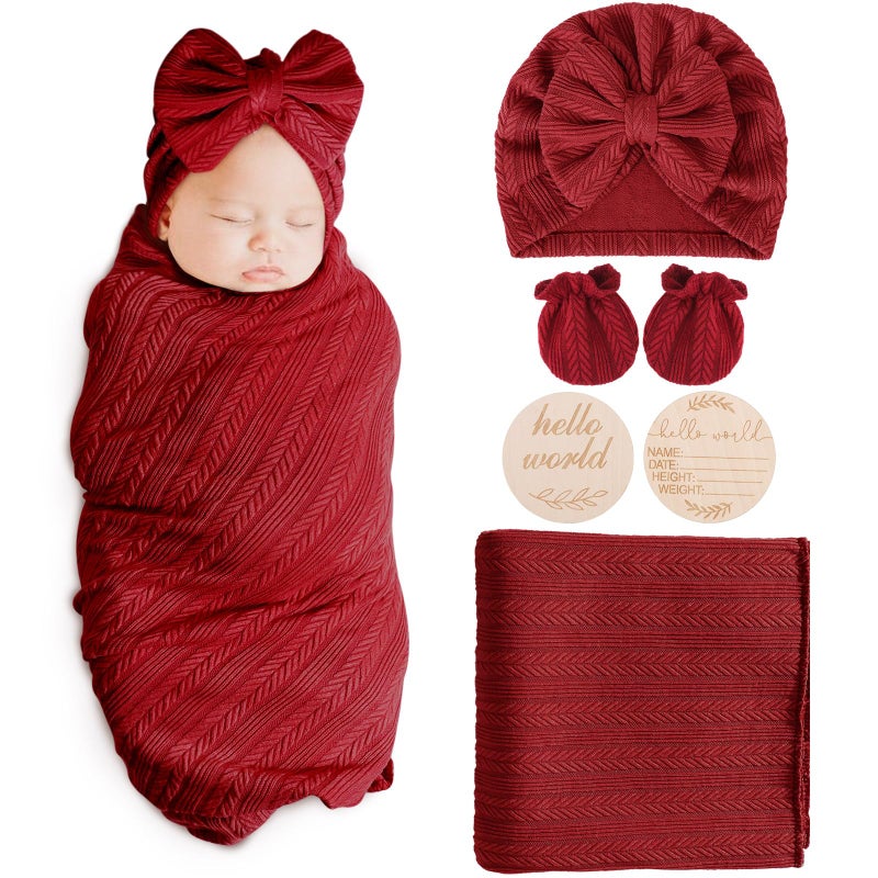 AQOKKA Newborn Receiving Blanket with Bow Hat Mittens Wooden Card Set WheatPattern Newborns Toddler Baby Boy Girl Nursery Swaddle Wrap - Image 2