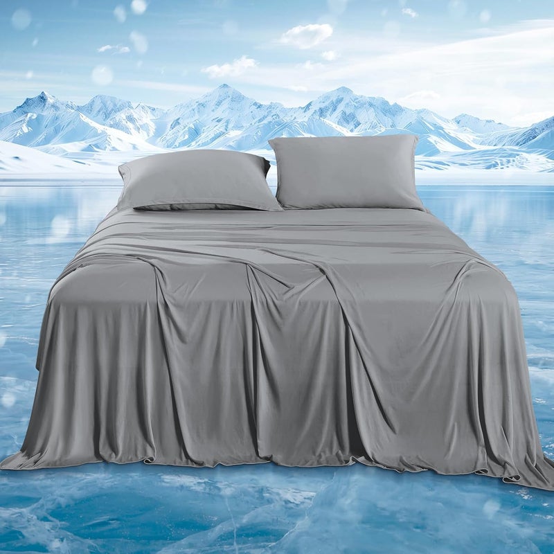 DOWNCOOL 4-Piece Cooling Sheet Set Full Size, Cooling Bed Sheets for Hot Sleepers and Night Sweats, Q-Max>0.4, Soft & Breathable Summer Bedding Sheets, Deep Pocket Up to 15", Grey - Image 1