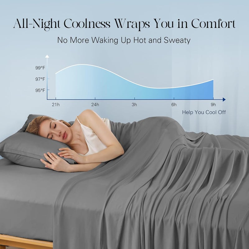 DOWNCOOL 4-Piece Cooling Sheet Set Full Size, Cooling Bed Sheets for Hot Sleepers and Night Sweats, Q-Max>0.4, Soft & Breathable Summer Bedding Sheets, Deep Pocket Up to 15", Grey - Image 2