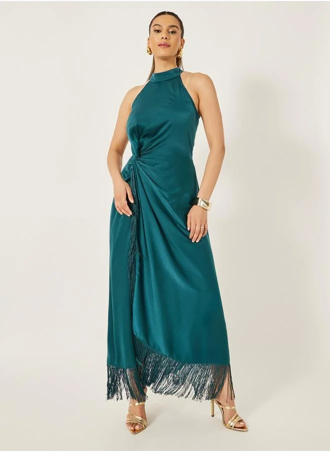 Styli Halter Neck Wrap Style Maxi Dress with Fringe Hem