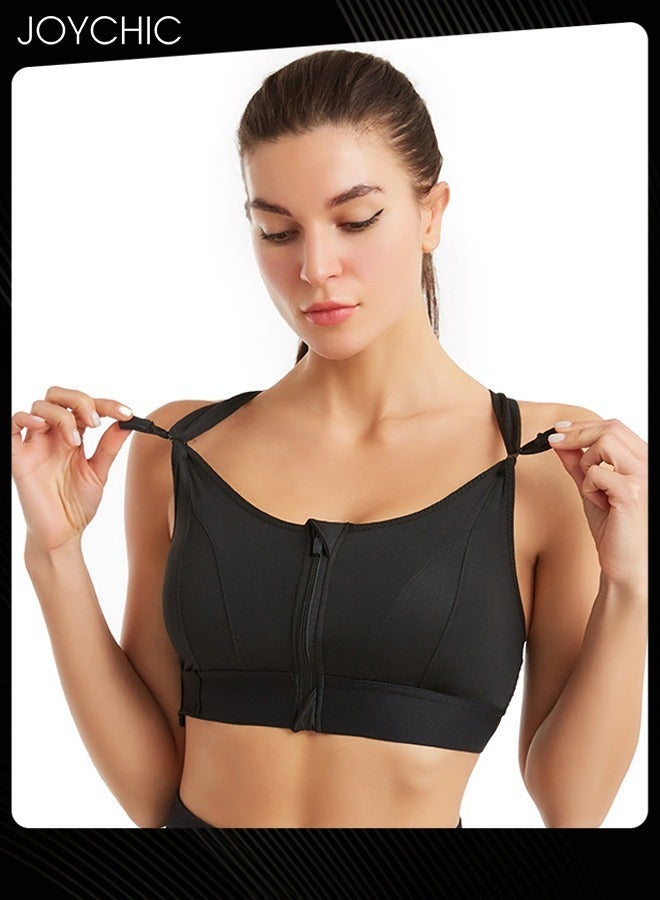 Joychic Adjustable Front Zipper Sports Bra Shockproof No Rims Breathable and Comfort Vest Yoga Cross Back Beauty Bra with Magic Belt Design for Women Girls Running Fitness Black  - Image 3