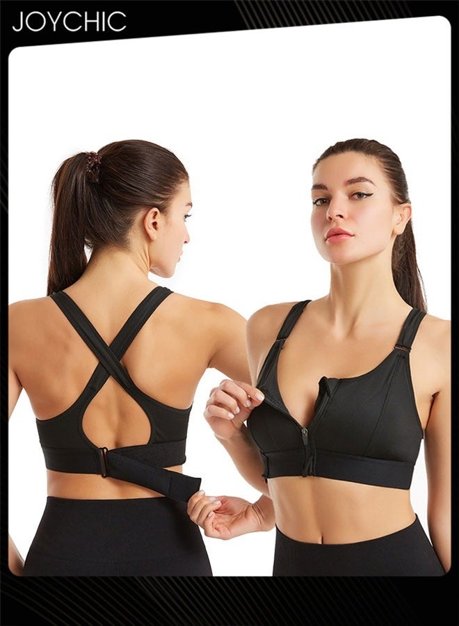 Joychic Adjustable Front Zipper Sports Bra Shockproof No Rims Breathable and Comfort Vest Yoga Cross Back Beauty Bra with Magic Belt Design for Women Girls Running Fitness Black  - Image 1