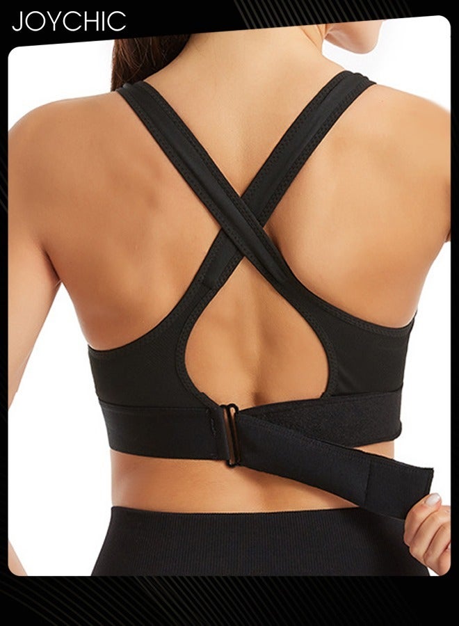 Joychic Adjustable Front Zipper Sports Bra Shockproof No Rims Breathable and Comfort Vest Yoga Cross Back Beauty Bra with Magic Belt Design for Women Girls Running Fitness Black  - Image 2