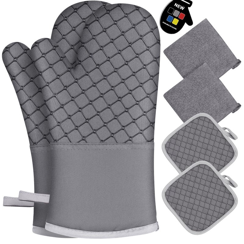6 Pcs Oven Mitts and Pot Holders 500 Heat Resistant Oven Mitts with Kitchen Towels Soft Cotton Lining and NonSlip Silicone Surface Safe for Baking Cooking BBQ Grey