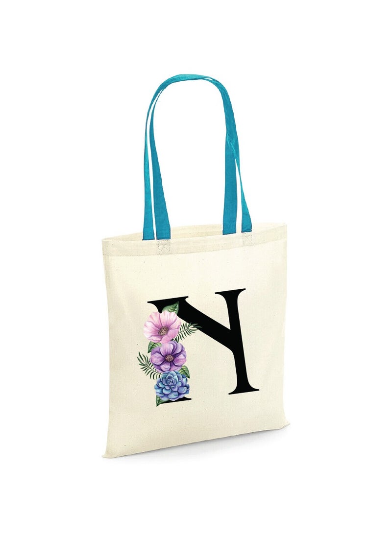 PRINTSHOP4ME Initial Letters Canvas Cotton Tote Bag With Blue Handle-Ideal Gifts For Bridesmaids-Party Bag  - Image 1