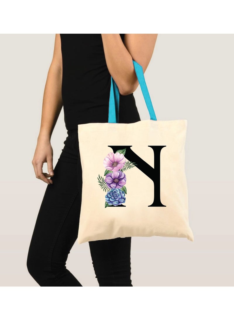 PRINTSHOP4ME Initial Letters Canvas Cotton Tote Bag With Blue Handle-Ideal Gifts For Bridesmaids-Party Bag  - Image 3
