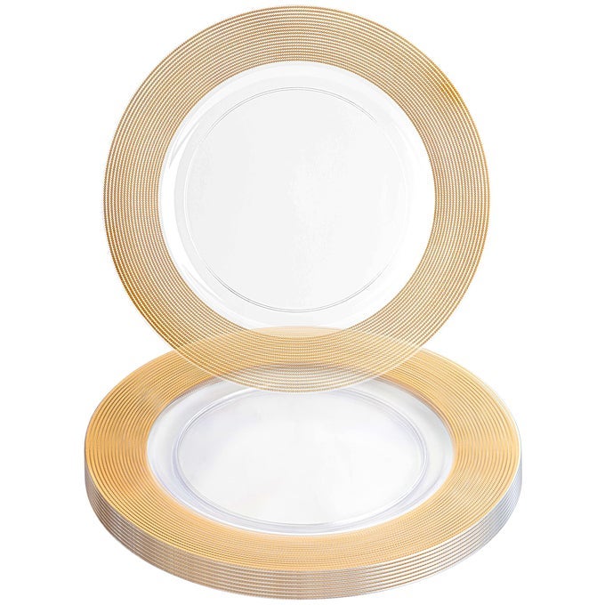 13INCH CHARGER PLATES 8 PACK CLEAR GOLD ROPE TEXTURED RIM HEAVYDUTY DISPOSABLE CHARGERS FOR ELEGANT DINING IDEAL FOR WEDDINGS AND FORMAL EVENTS