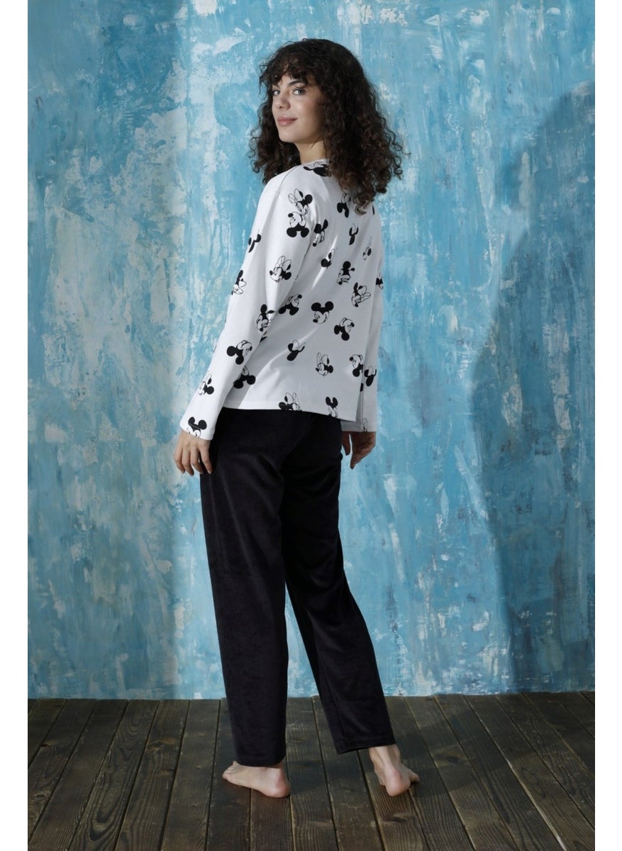 Bie's Women's Crew Neck Low Shoulder Interlock Cotton Top Velvet Bottom Winter Pajamas Tracksuit Set  - Image 3