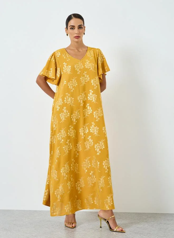Take Two Yellow Women Floral Printed Short Sleeve Jalabiya for Women | Best Price UAE