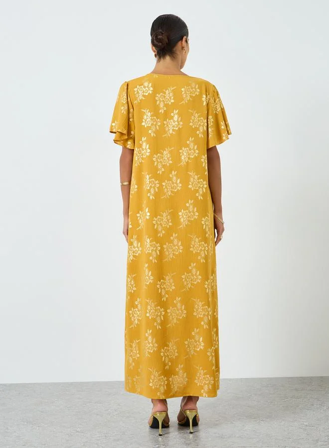 Take Two Yellow Women Floral Printed Short Sleeve Jalabiya for Women | Best Price UAE