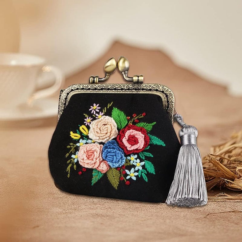 klarako DIY Coin Purse Embroidery Kit, Kiss Clasp Clutch Embroidery Making Kit Flower Pattern Handmade Cross Stitch Bag Making All Material Vintage Small Wallet Sewing Needlepoint Kit, 3.2x3.3 Inch - Image 5