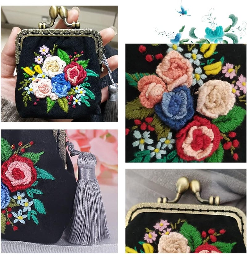 klarako DIY Coin Purse Embroidery Kit, Kiss Clasp Clutch Embroidery Making Kit Flower Pattern Handmade Cross Stitch Bag Making All Material Vintage Small Wallet Sewing Needlepoint Kit, 3.2x3.3 Inch - Image 4