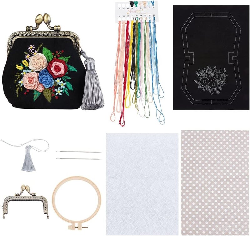 klarako DIY Coin Purse Embroidery Kit, Kiss Clasp Clutch Embroidery Making Kit Flower Pattern Handmade Cross Stitch Bag Making All Material Vintage Small Wallet Sewing Needlepoint Kit, 3.2x3.3 Inch - Image 1