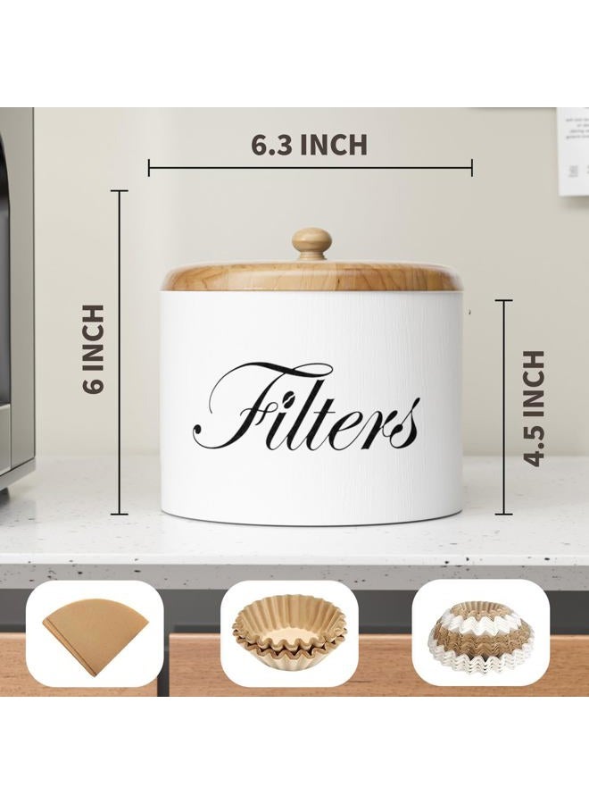 CORTNK Coffee Filter Holder, Wooden Coffee Filter Storage with Lid, Round Coffee Filter Container for Counter, Rustic Farmhouse Coffee Bar Accessories Decor (White) - Image 5