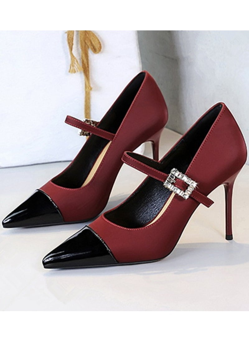 BIGTREE Women's Closed Pointed Toe High Heels Satin Patent Leather Combination Party Stiletto Pumps Wine Red/Black 9.5CM - Image 1