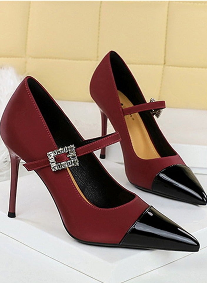 BIGTREE Women's Closed Pointed Toe High Heels Satin Patent Leather Combination Party Stiletto Pumps Wine Red/Black 9.5CM - Image 2
