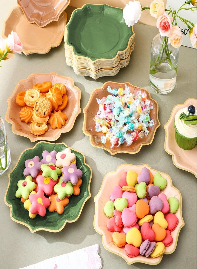 Potchen 48 Pcs Sage Green Brown Dessert Plates 7 Inch Woodland Forest Scalloped Disposable Party Paper Plate for Summer Wedding Birthday Baby Shower Party Supplies, 4 Colors - Image 2