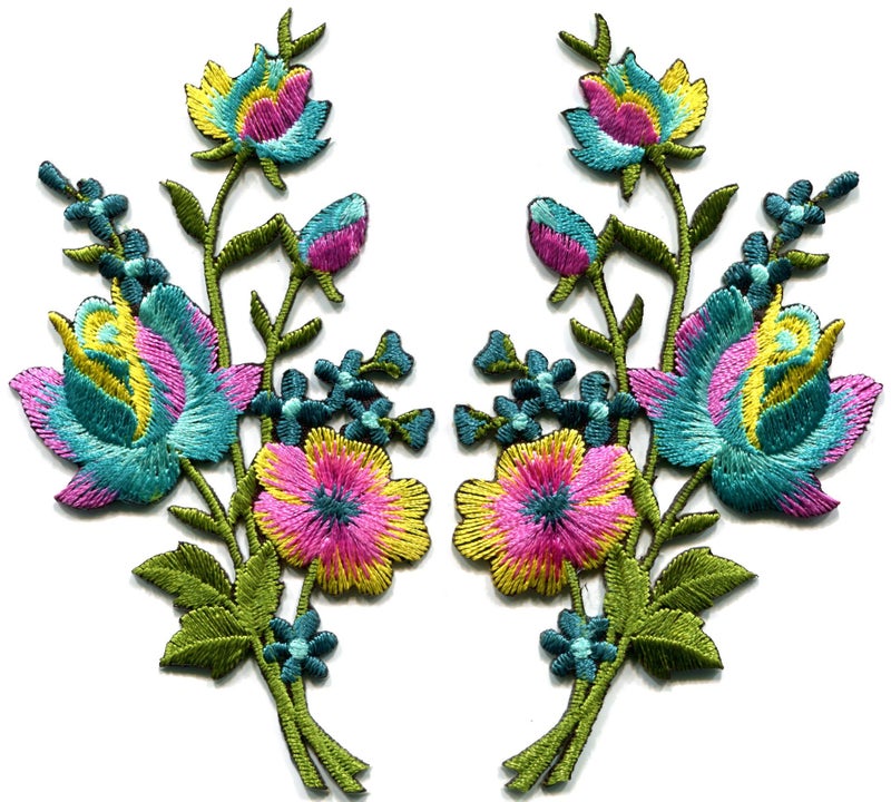 TKPatch Rainbow Roses Pair Flowers Floral Bouquet Boho Embroidered Appliques Iron-ons Patches S-983 - Image 2