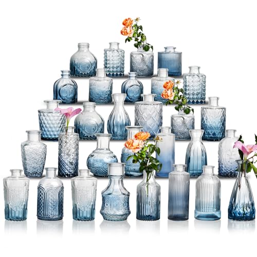 Ulodimi Glass Bud Vase Set of 30 - Small Vases for Flowers in Bulk - Assorted Vintage Crystal Vases for Flowers, Table Centerpieces (Blue, 30 Pcs) - Image 1