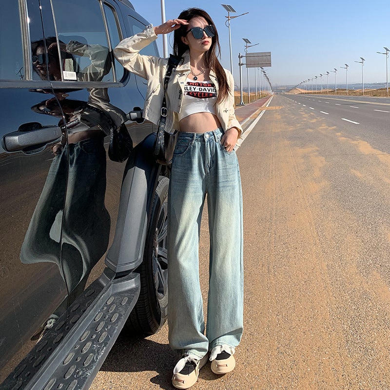 American Style Wide Leg Jeans Women'S High Waist Loose Slimming Straight Drape Pants - Image 5