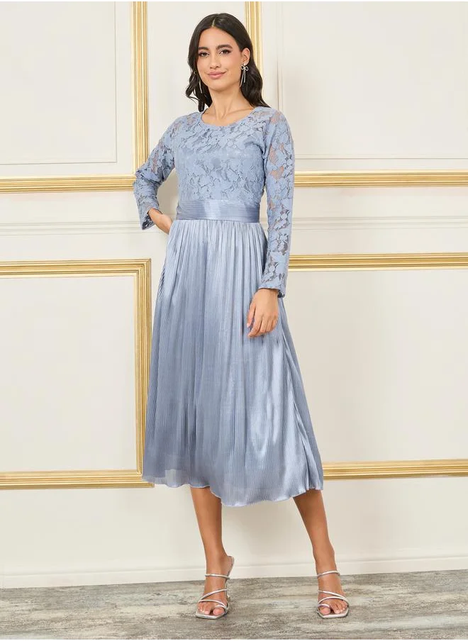 ستايلي Lace Detail Satin Plisse A-Line Midi Dress