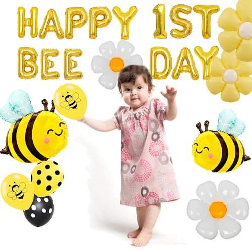 Finypa Happy 1st Bee Day Balloon Bee Themed Birthday Party Decorations, Happy Bee Day Balloons Banner, Yellow Bee Foil Balloons Daisy Mylar Foil Balloons for Boys Girls Happy 1st Bee Day Decoration - Image 4