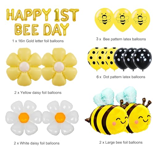 Finypa Happy 1st Bee Day Balloon Bee Themed Birthday Party Decorations, Happy Bee Day Balloons Banner, Yellow Bee Foil Balloons Daisy Mylar Foil Balloons for Boys Girls Happy 1st Bee Day Decoration - Image 2