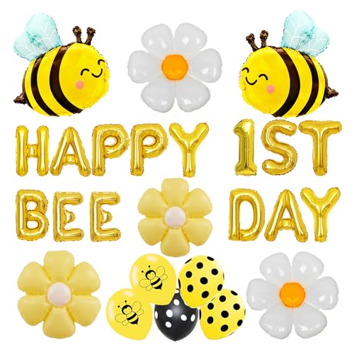 Finypa Happy 1st Bee Day Balloon Bee Themed Birthday Party Decorations, Happy Bee Day Balloons Banner, Yellow Bee Foil Balloons Daisy Mylar Foil Balloons for Boys Girls Happy 1st Bee Day Decoration - Image 1