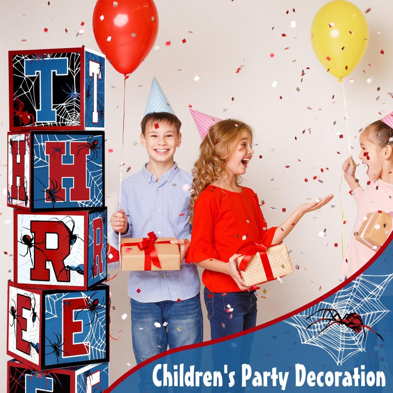 Feifeiya 5 Pcs Spider 3rd Birthday Decoration Spider Theme Balloon Boxes "three" Letter Box Blocks for Boy Three Years Old Birthday Party Decoration Backdrop Photoshoot Props - Image 2