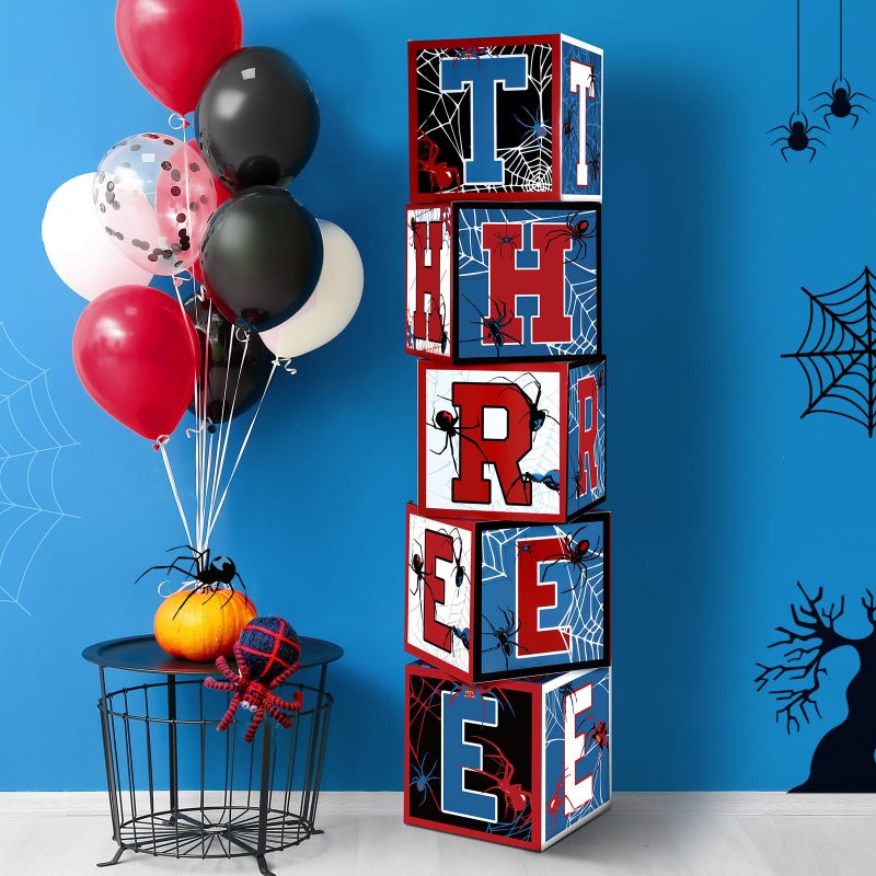 Feifeiya 5 Pcs Spider 3rd Birthday Decoration Spider Theme Balloon Boxes "three" Letter Box Blocks for Boy Three Years Old Birthday Party Decoration Backdrop Photoshoot Props - Image 1