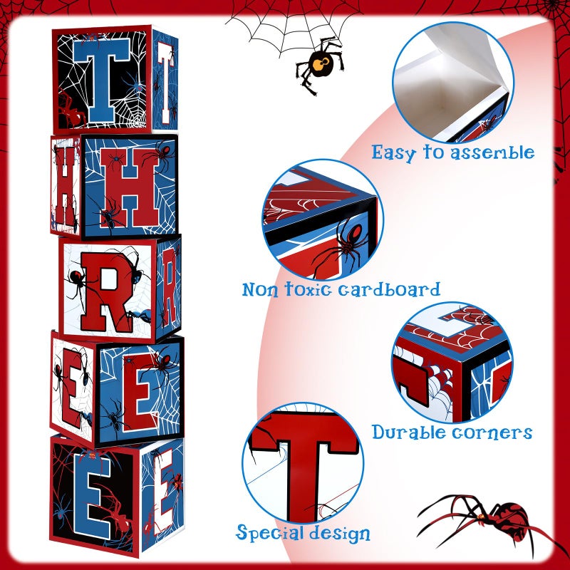 Feifeiya 5 Pcs Spider 3rd Birthday Decoration Spider Theme Balloon Boxes "three" Letter Box Blocks for Boy Three Years Old Birthday Party Decoration Backdrop Photoshoot Props - Image 4