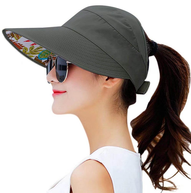 HINDAWI Sun Hats for Women Wide Brim Ponytail Caps Packable UV Protection Floppy Womens Beach Summer Outdoor Hat Dark Grey - Image 1