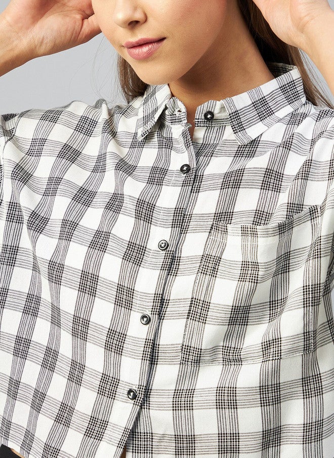 CHIMPAAANZEE Women White & Black Relaxed Boxy Tartan Checks Checked Casual Shirt - Image 2