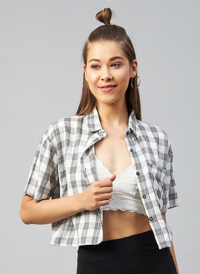 CHIMPAAANZEE Women White & Black Relaxed Boxy Tartan Checks Checked Casual Shirt - Image 1