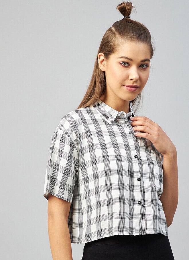 CHIMPAAANZEE Women White & Black Relaxed Boxy Tartan Checks Checked Casual Shirt - Image 3