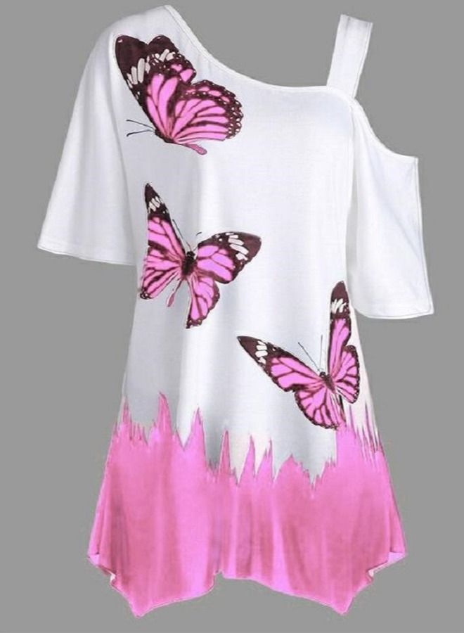 Loquat Women's One Shoulder Butterfly Print T-Shirt 