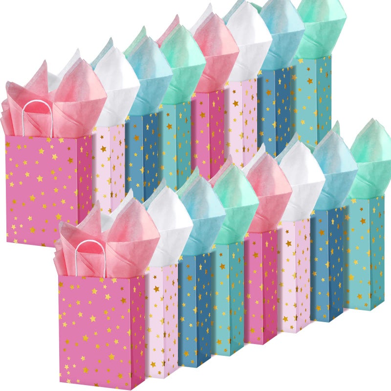 Pajean Star Theme Party Favor Bags with Handle Mini Kraft Paper Gift Goodie Bags with Tissues Party Supplies for Birthday Mother Wedding Bridal Crafts16 Pack
