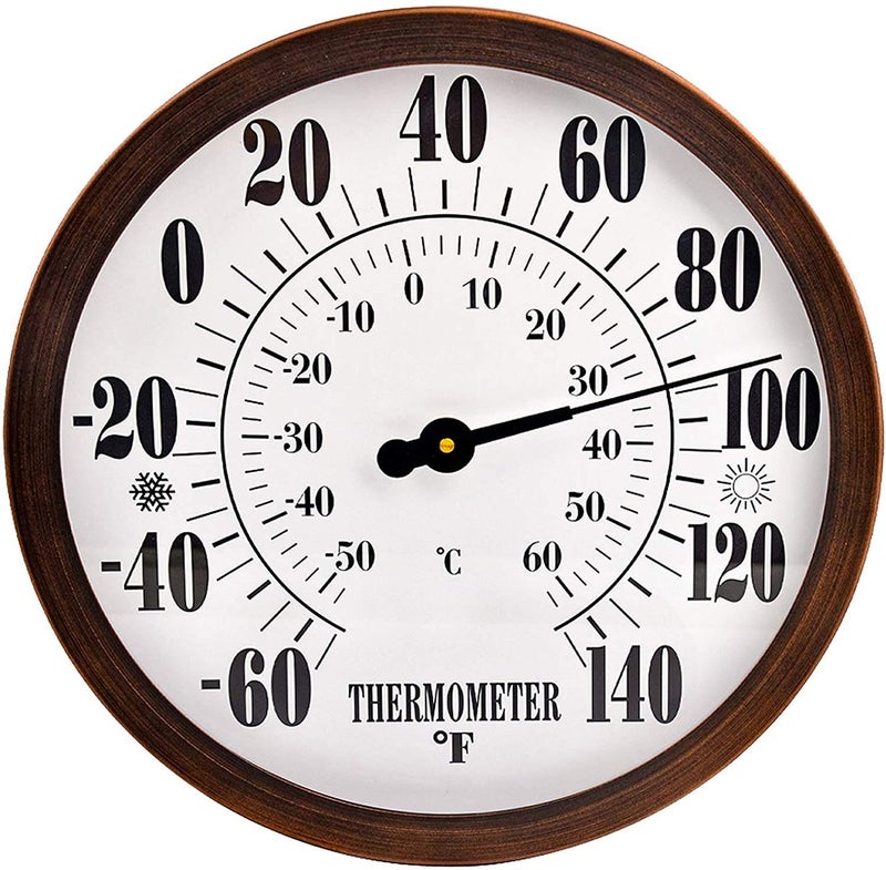 12 Indoor Outdoor Thermometer Decorative Large Outdoor Thermometers for Patio Round Wall Thermometer with Stainless Steel Enclosure No Battery Needed Hanging Thermometer Outdoor Bronze