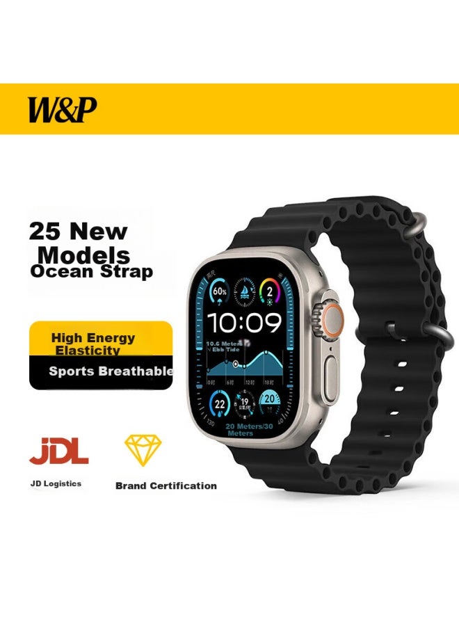 WP W&p New Apple Watch Band Apple Watch Ultra2 Ocean Silicone Double Buckle Loop Band Iwatch S10/9/8/se Original Black 45 - Image 1