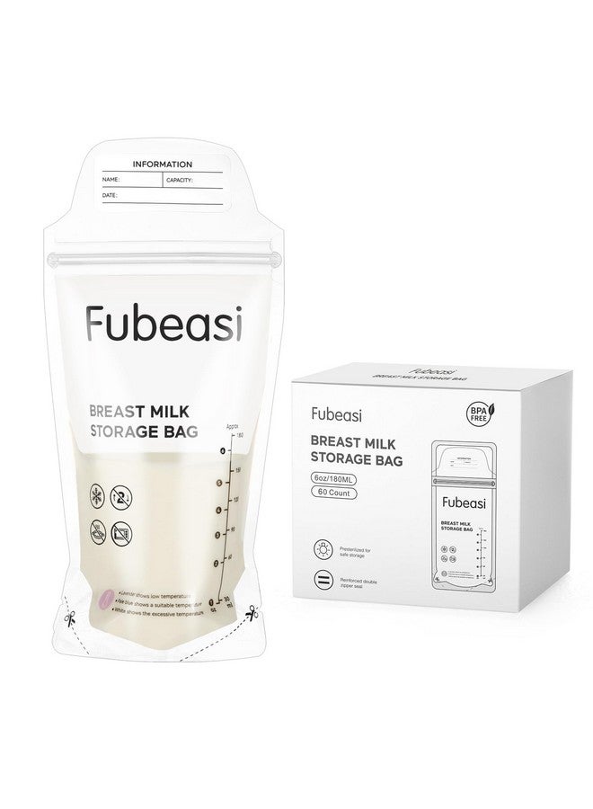 Fubeasi Breastmilk Storing Bags,Temp-Sensing Discoloration Milk Storing Bags for Breastfeeding, Leak Proof Double Zipper Seal Self Standing Breastmilk Bags for Breastfeeding - 6 OZ/180ml (60 Count) - Image 1