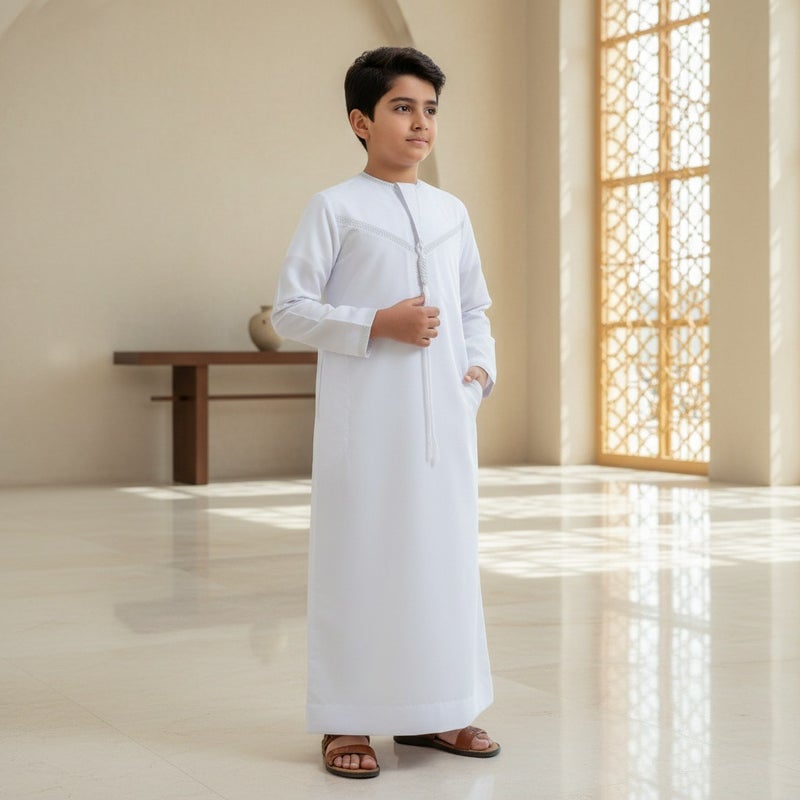 Children's Traditional Thobe - White, Loose Fit, Long Sleeve - Image 3